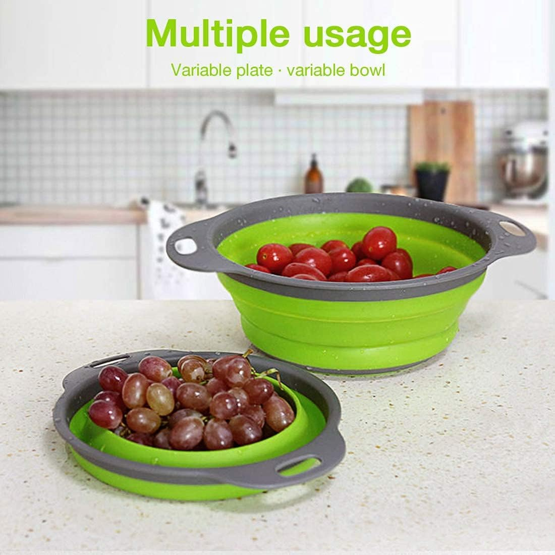 Collapsible Colander Set of 2 round Silicone Kitchen Sink Strainer Set and Fruit Basket- 1 Large 1 Small Perfect for Draining Pasta, Vegetable and Fruit - Home Essentials (Green) - Red image number 3