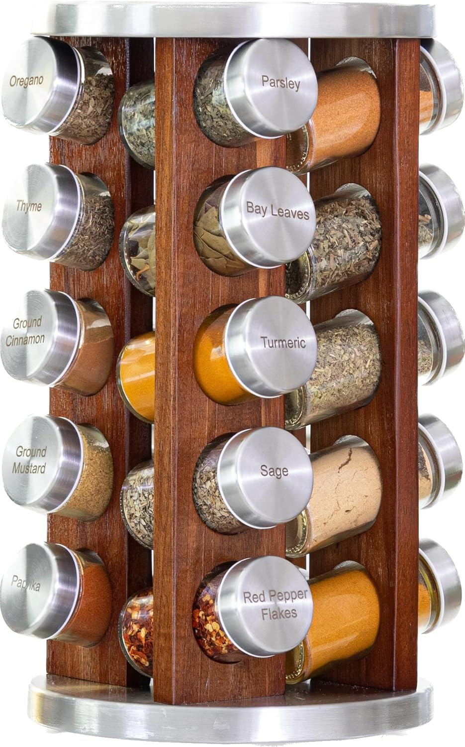 Orii 20 Jar Dark Acacia Wood Spice Rack with Spices Included - Rotating Tower Organizer for Kitchen Spices and Seasonings, Free Spice Refills for 5 Years (Dark Stained Acacia Wood)