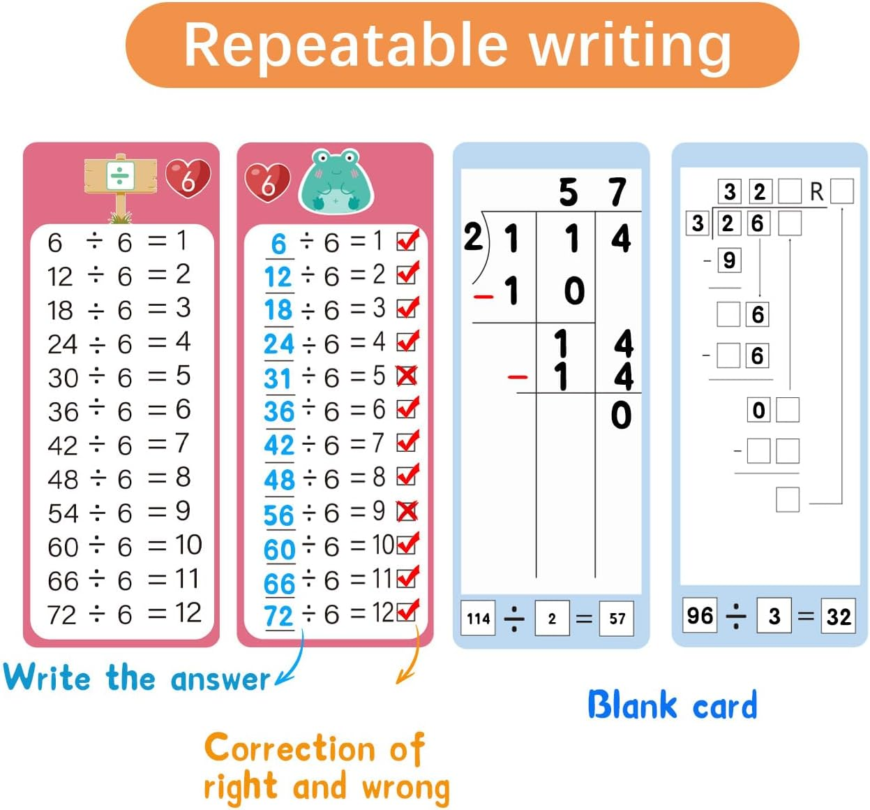 Multiplication and Division Flash Cards Set - 30 Double-Sided Cards + 4 Dry Erase Markers & 2 Rings | Reusable Self-Checking Classroom & Homeschool Math Learning Tools for Grades 1-3, Teacher Supplies