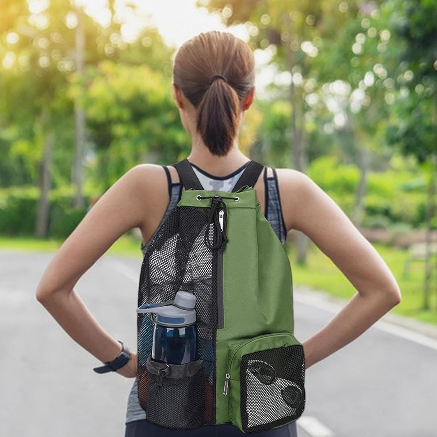 Drawstring Gym Bags with Zipper Pocket, Sport Swimming Storage Bag, Beach Bag for Swimming Gym Drawstring Backpack, Folding into Pouch Boxing Equipment - Black image number 3