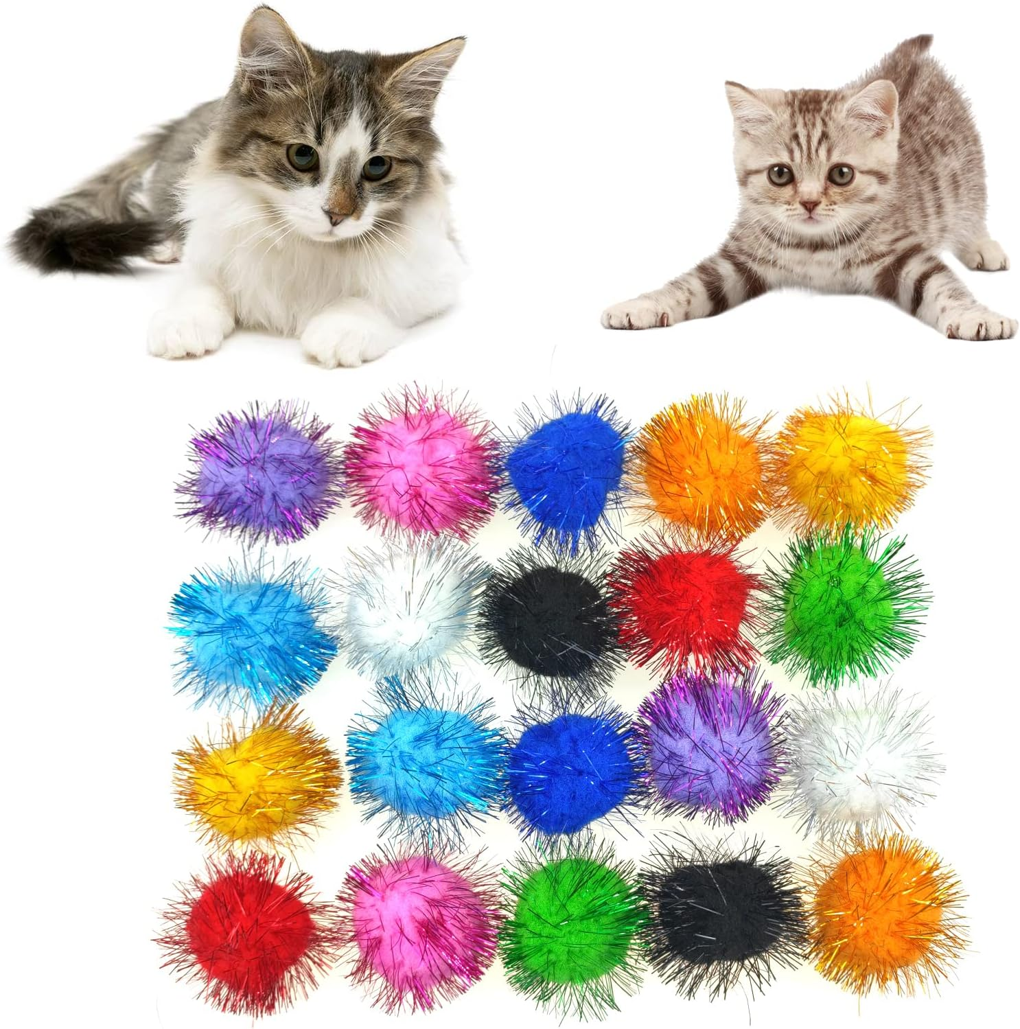 Andiker Cat Sparkle Balls, 1.5 Inches 20Pcs Colorful Tinsel Cat Glitter Balls Chew and Chase Cat Pom Pom Balls Interactive and Lightweight Cat Toys for Indoor Cats to Keep Fit and Active (4.5Cm)