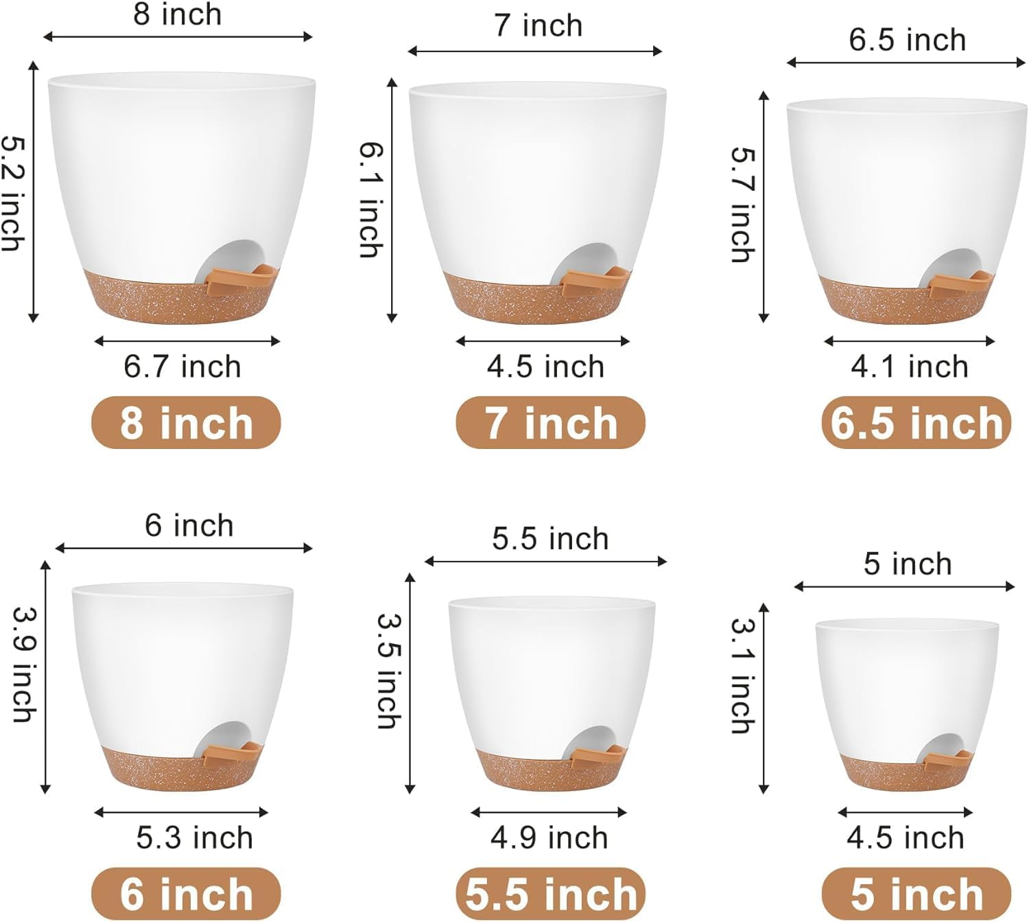 6 Pcs Plant Pots, 8/7/6.5/6/5.5/5 Inch Self Watering Plant Pots with Drainage Holes,Modern Decorative Plastic Pots for Plants with Drainage Hole and Tray for All House Plants image number 1
