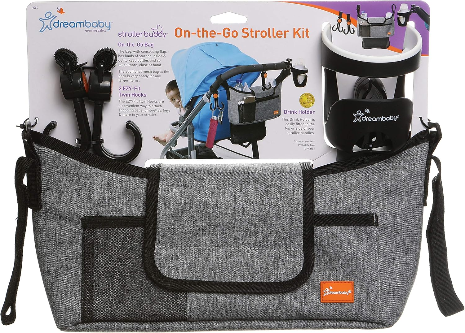 Dreambaby on the Go Pushchair Organiser Set for Travelling - Stroller Bag, Drink Holder and 2 Hooks