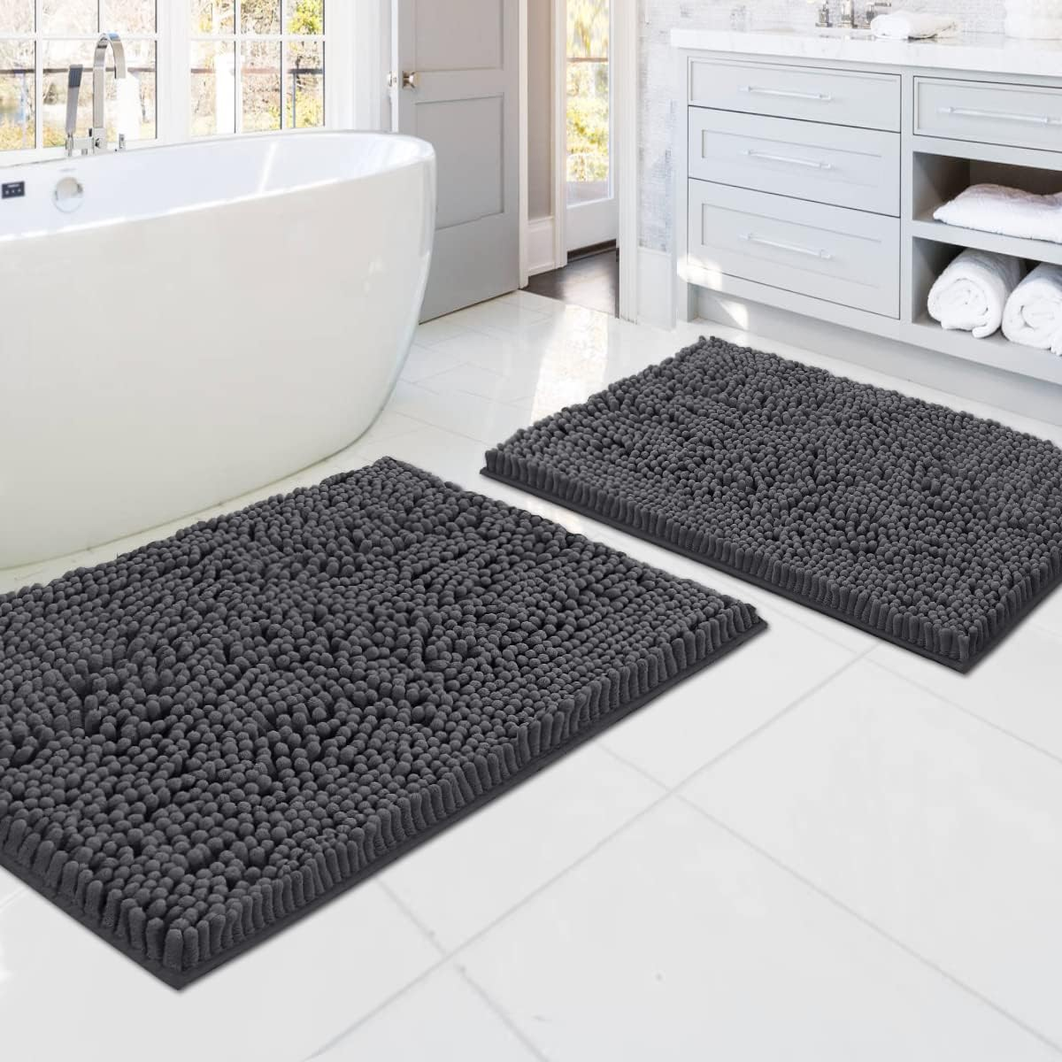 Princedeco 2-Piece Bathroom Rugs Set Non-Slip Bath Mat Soft Cozy Shaggy Thick Chenille Bath Rugs for Bathroom Plush Rugs for Bathtubs Water Absorbent- (50Cm X 81Cm / 43Cm X 61Cm), Taupe