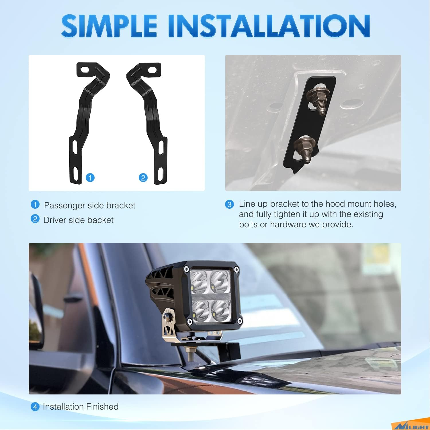 Nilight Ditch Light Brackets Hood Mount Brackets for Auxiliary Offroad LED Pod Light Work Light on 3Rd Gen Toyota Tacoma 2016-2020 image number 1