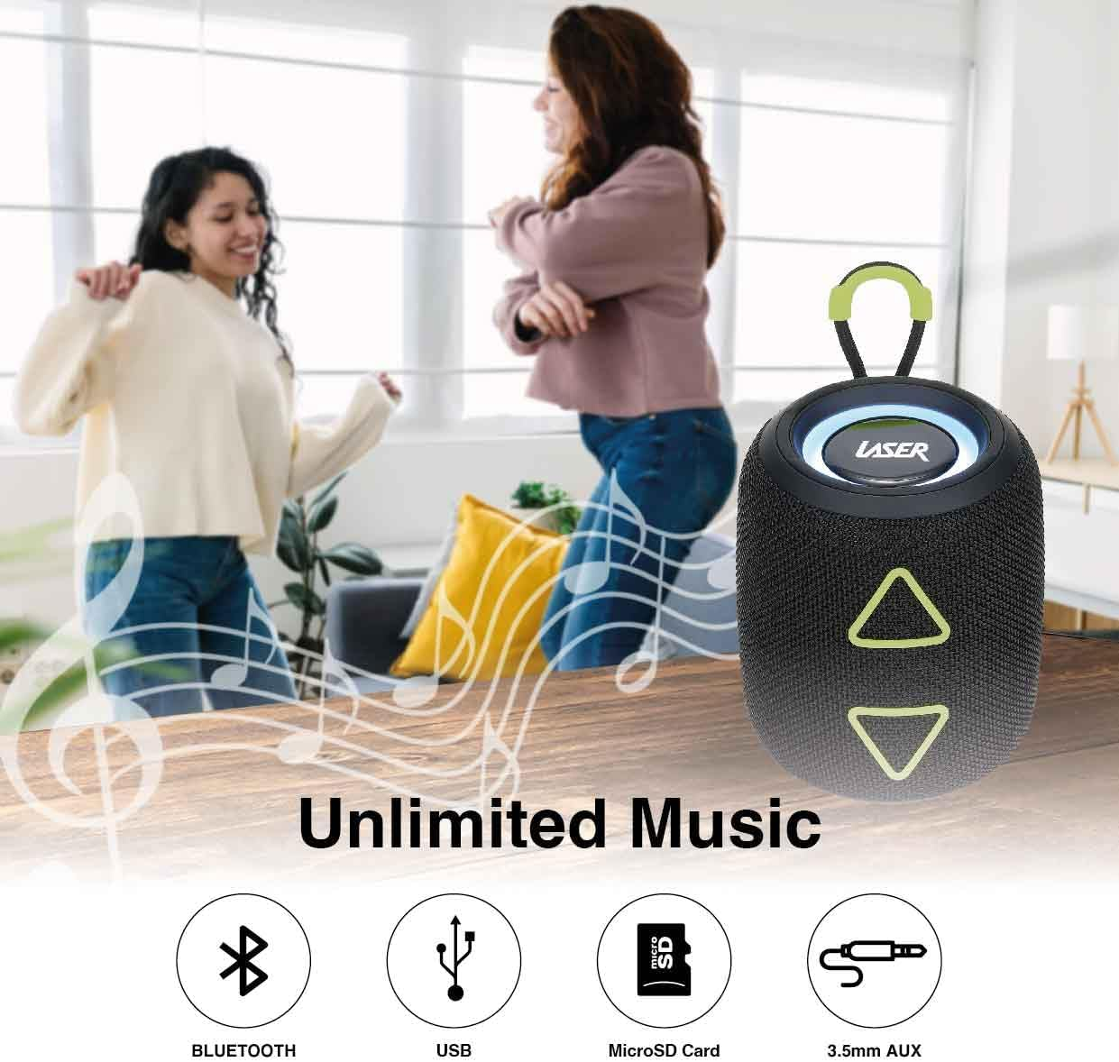 Laser Mini Portable Fabric Bluetooth Speaker, AUX, USB, Microsd, TWS, LED Light Display, Type-C Charging, 1200Mah Battery, up to 2 Hours Playtime, Compact and Lightweight - Black image number 6