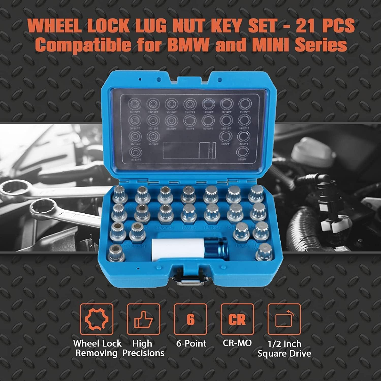 21PCS Wheel Lock Removal Kit, BMW Wheel Lock Key Automotive Wheel Anti-Theft Lock Lug Nut Screw Remover Key Socket Tool Set with 1/2 Inch (12.7Mm) Socket Adapter Compatible for BMW & Mini Series image number 3