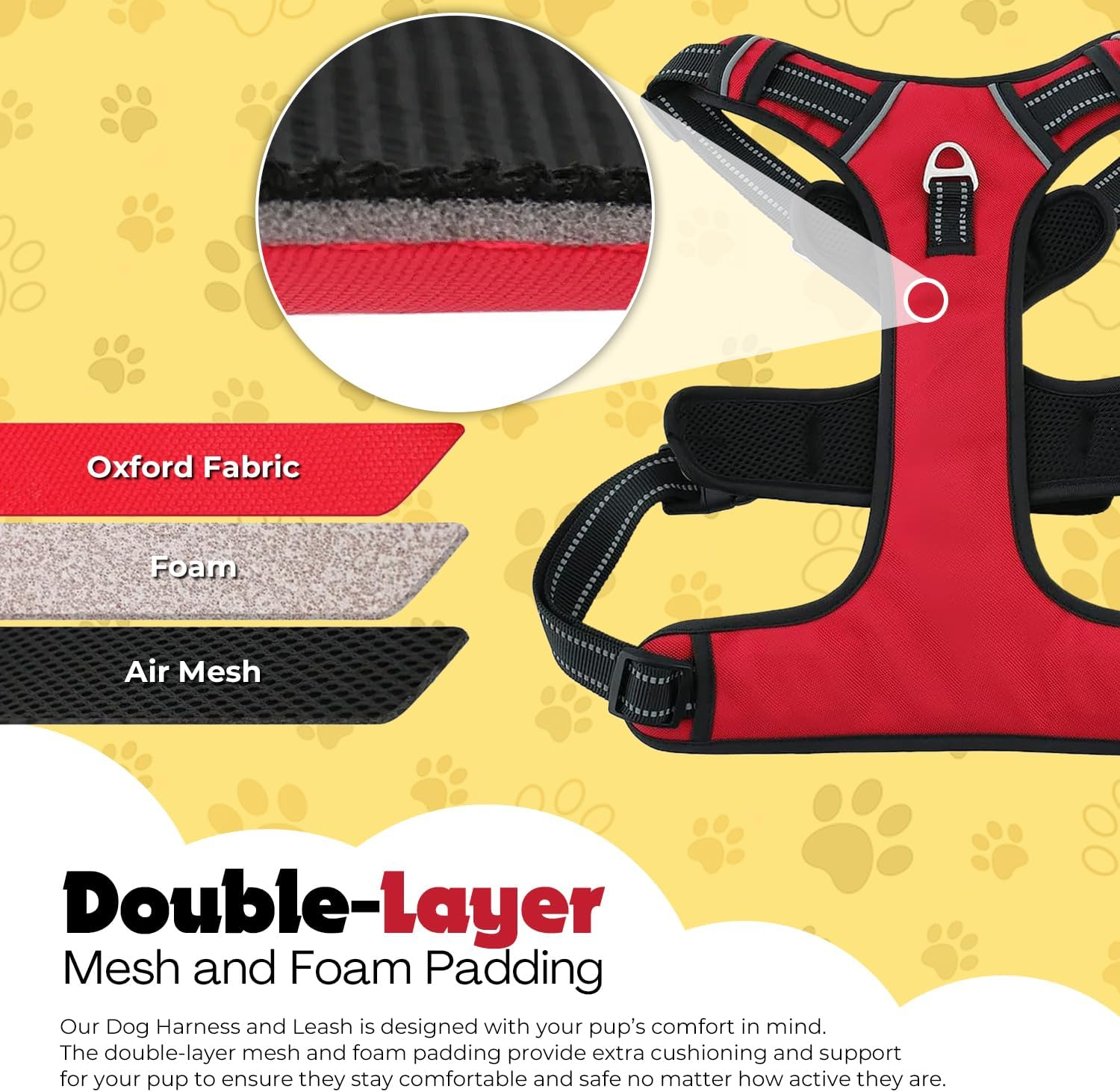 No Pull Dog Harness,Oxford Dog Vest Harness, Reflective No-Choke Pet Harness with Easy Control Soft Handle Walking Dog Harness,Double Padded, Adjustable, Small to Large Dogs Incl Bonus Leash (Red, XL)