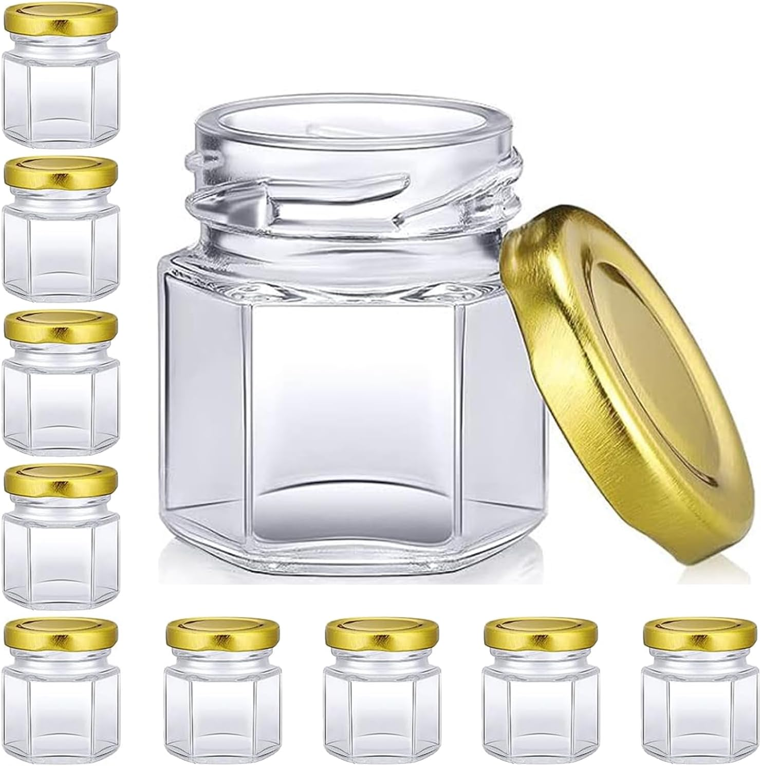 PARTY BESTBUY 10PCS Hexagon Glass Honey Jars, 1.5Oz/45Ml Mini Glass Jars with Lids, Mini Candy Jars with Gold Lids, Clear Storage Canning Jar for Candle Making,Spices,Baby Shower,Wedding,Party Favors image number 6