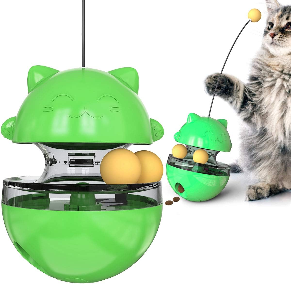 CYBERNOVA Interactive Wobble Cat Toy with a Teaser Wand, Built -In Treat Dispenser/Pet Puzzle Toy/Slow Feeder for Cats and Kitten (Yellow)