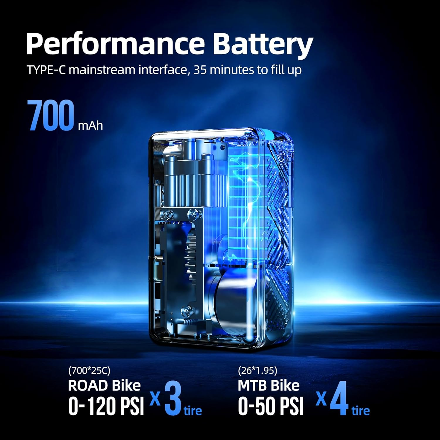 CYCLAMI Mini Electric Bike Pump,130Psi Tiny Electric Bicycle Air Pump, Auto Stop, Presta and Schrader Valve Aluminium for All Bike, Type-C Rechargeable Battery image number 2