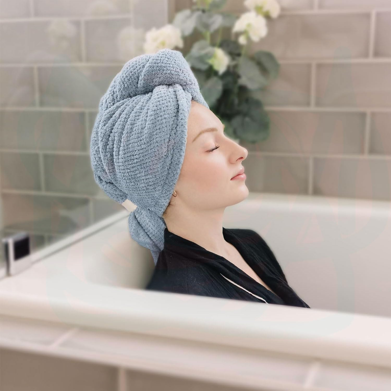 YIRANJIA 3-Pack Large Microfiber Hair Towels for Women - Super Absorbent Quick-Dry Turbans for All Hair Types (Blue/White, 27.5''&times;39.4'') image number 1