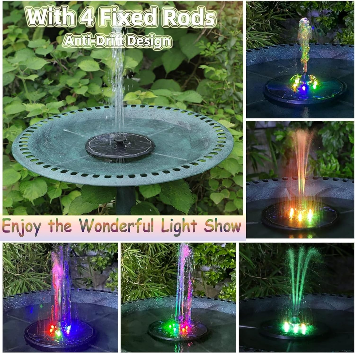 Small Solar Water Fountain with Light Floating Outdoor Hummingbird Bird Bath Waterfall Pump Powered Pond Garden Patio Led Bubbler outside Submersible Feature Panel above Ground Pool Flower Sprinkler image number 2