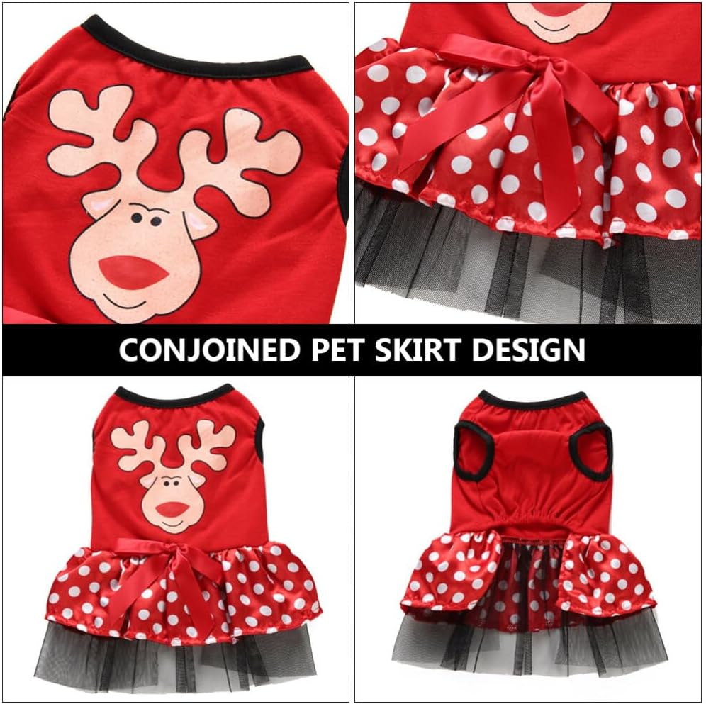 POPETPOP Reindeer Face Puppy Dog Dress Christmas Dog Costume Red Xmas Tutu Skirt for Pet Dogs (Size XL)