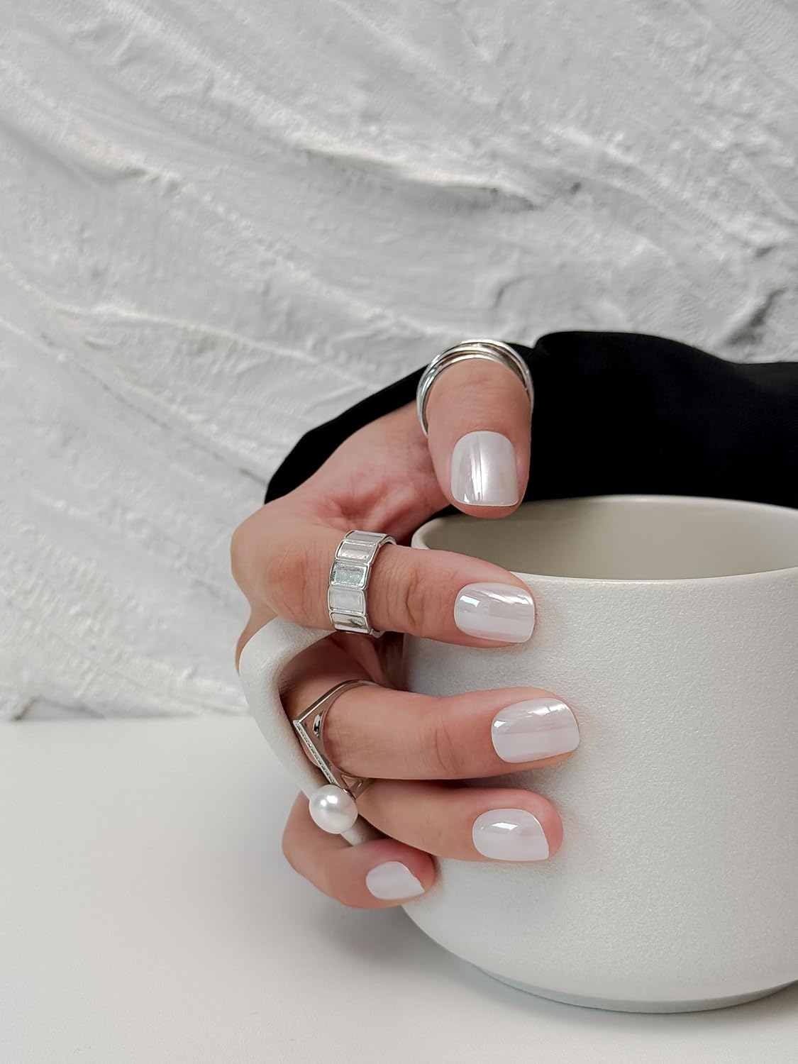 Bianco Sue Press-On Nails | Glittery White Extra Short Squoval False Nails, Reusable Stick-On Fake Nails with Adhesive Tabs and Glue | Salon-Grade Quality | Transparent Storage Box | 15 Sizes - 30 Nail Kit image number 1