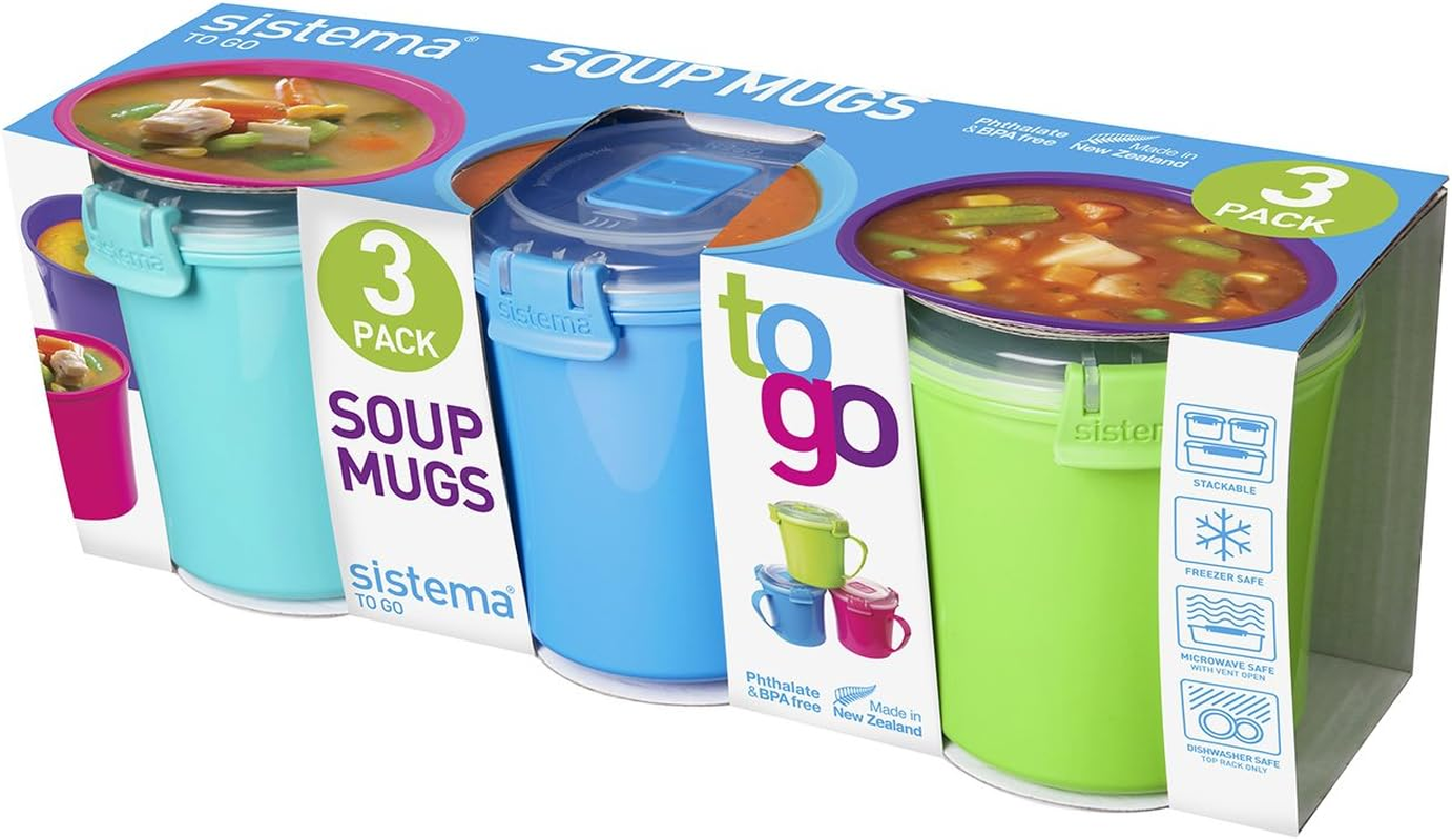 Sistema 3-Pack Assorted Colours Soup Mugs to Go, Plastic, 656Ml, Modern, Reusable, Microwave Safe, Round, 3 Count image number 3