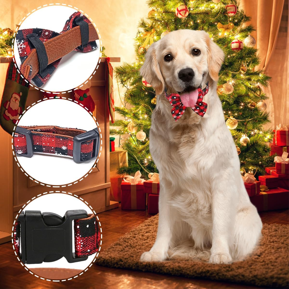 O-Kinee Christmas Dog Collar, Christmas Collar Dog, Cat Collar with Bow, Bow Tie for Dogs, Cute Checked Pattern, Dog Christmas Costume, Pet Collar for Kittens and Dogs (L) image number 2