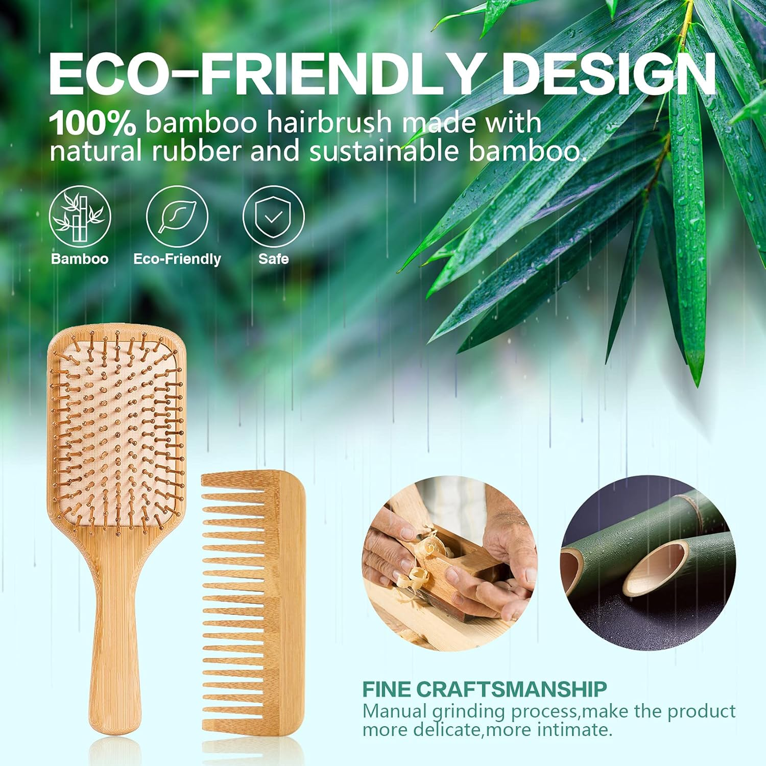 Hair Brush-Natural Wooden Bamboo Detangler Paddle Brush and Comb Set Eco Friendly Hairbrush for Women Men and Kids Thin Long Curly Hair Types and Massage Scalp(2Pcs) image number 3