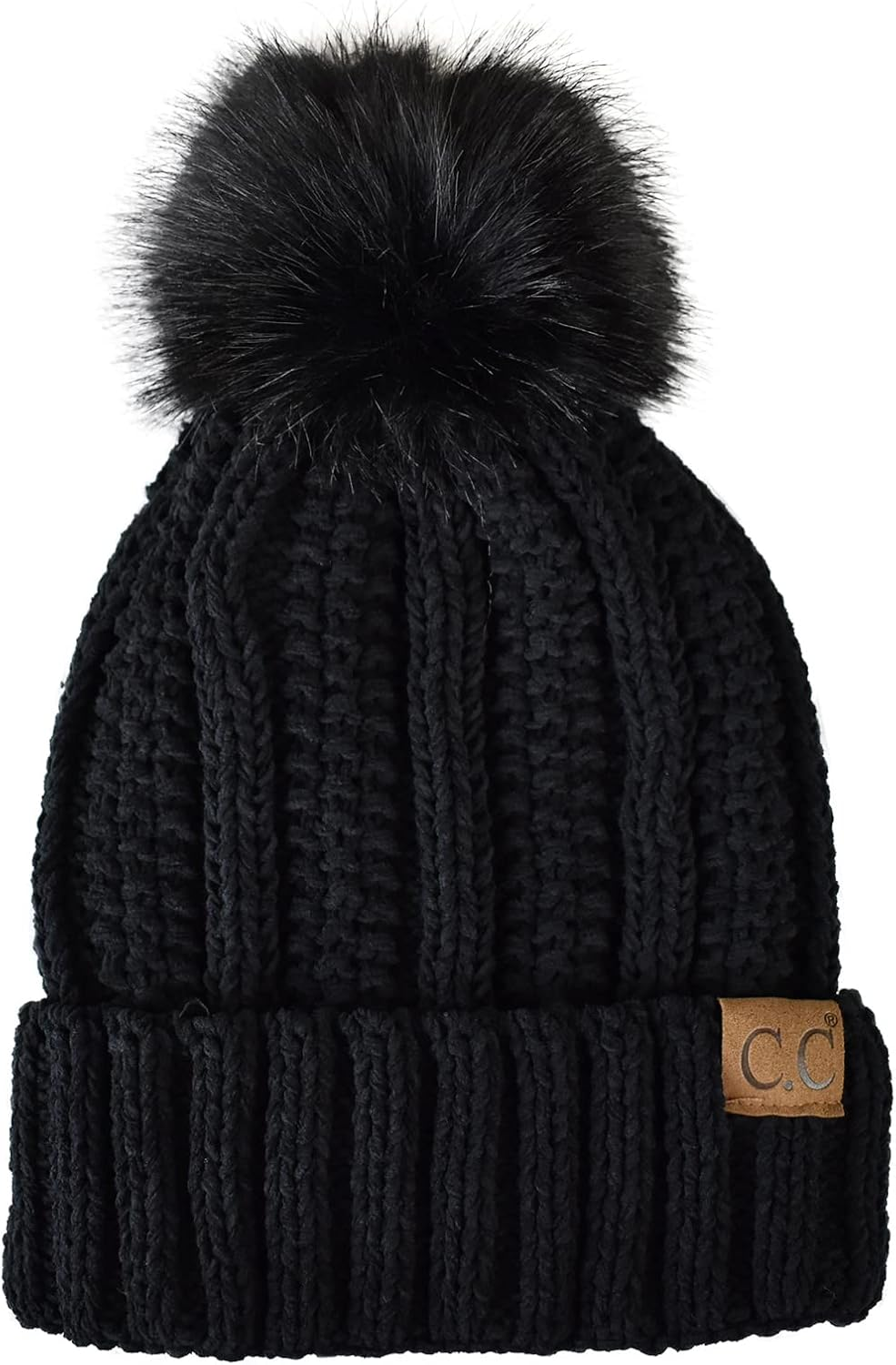 C.C Thick Cable Knit Faux Fuzzy Fur Pom Fleece Lined Skull Cap Cuff Beanie - 2 Tone Black/Dark Beige image number 4