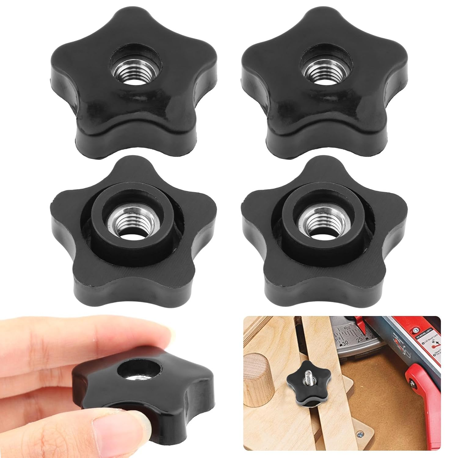 4PCS T-Track Knobs, 3/8 Inch 16 Through-Hole Knobs, Five-Star Thru Threaded Knob Nuts, Star Shape Knurled Clamping Nuts for Sawing Machine, Drilling Machine, Plastic Screw-On Type(Black) image number 2