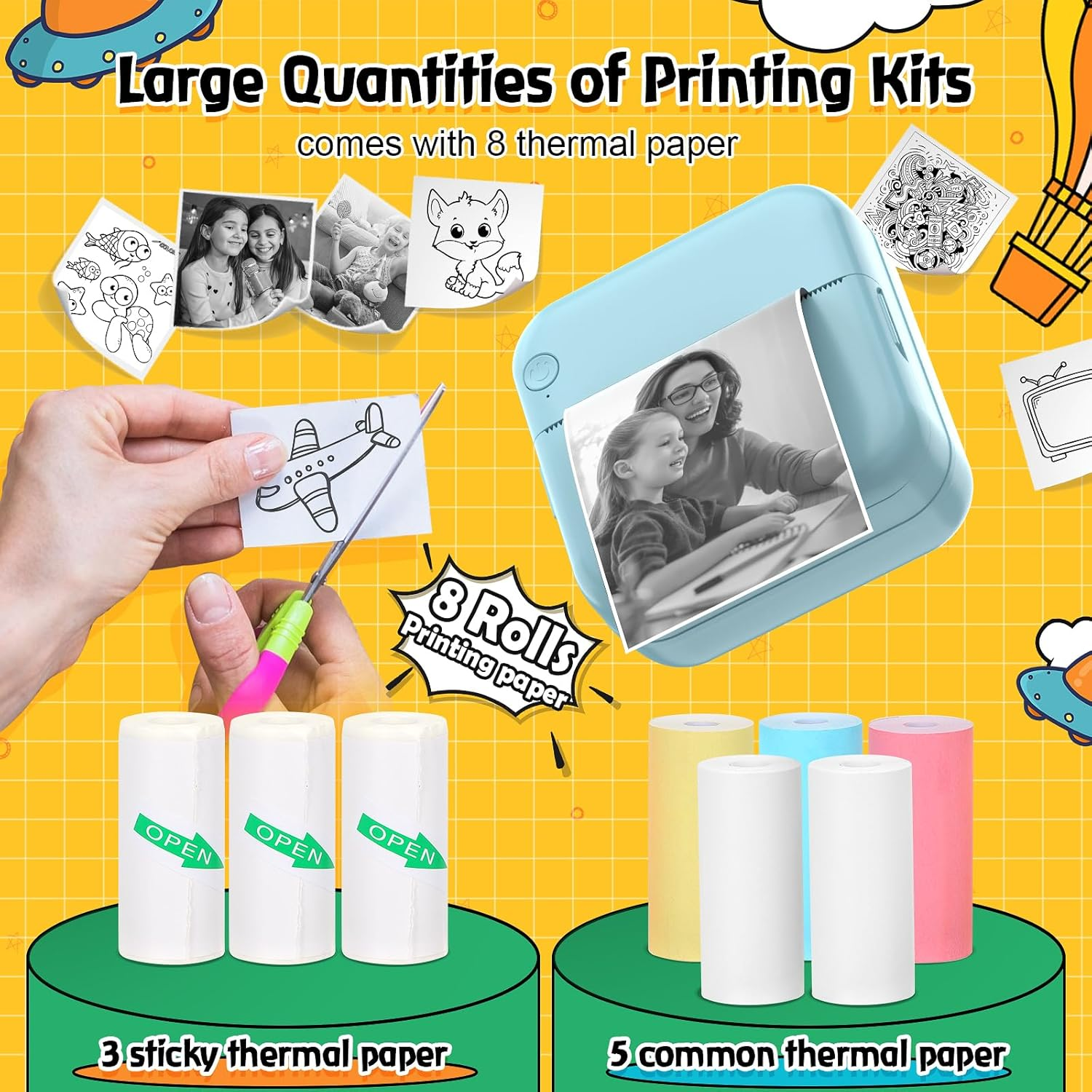 QYCHHJ Portable Pocket Printer for Iphone/Android/Tablet, Inkless Mini Thermal Printer with 8 Rolls Thermal Paper, Bluetooth Mini Sticker Printer for School Notes Scrapbook Supplies Memo Photo, Blue image number 2