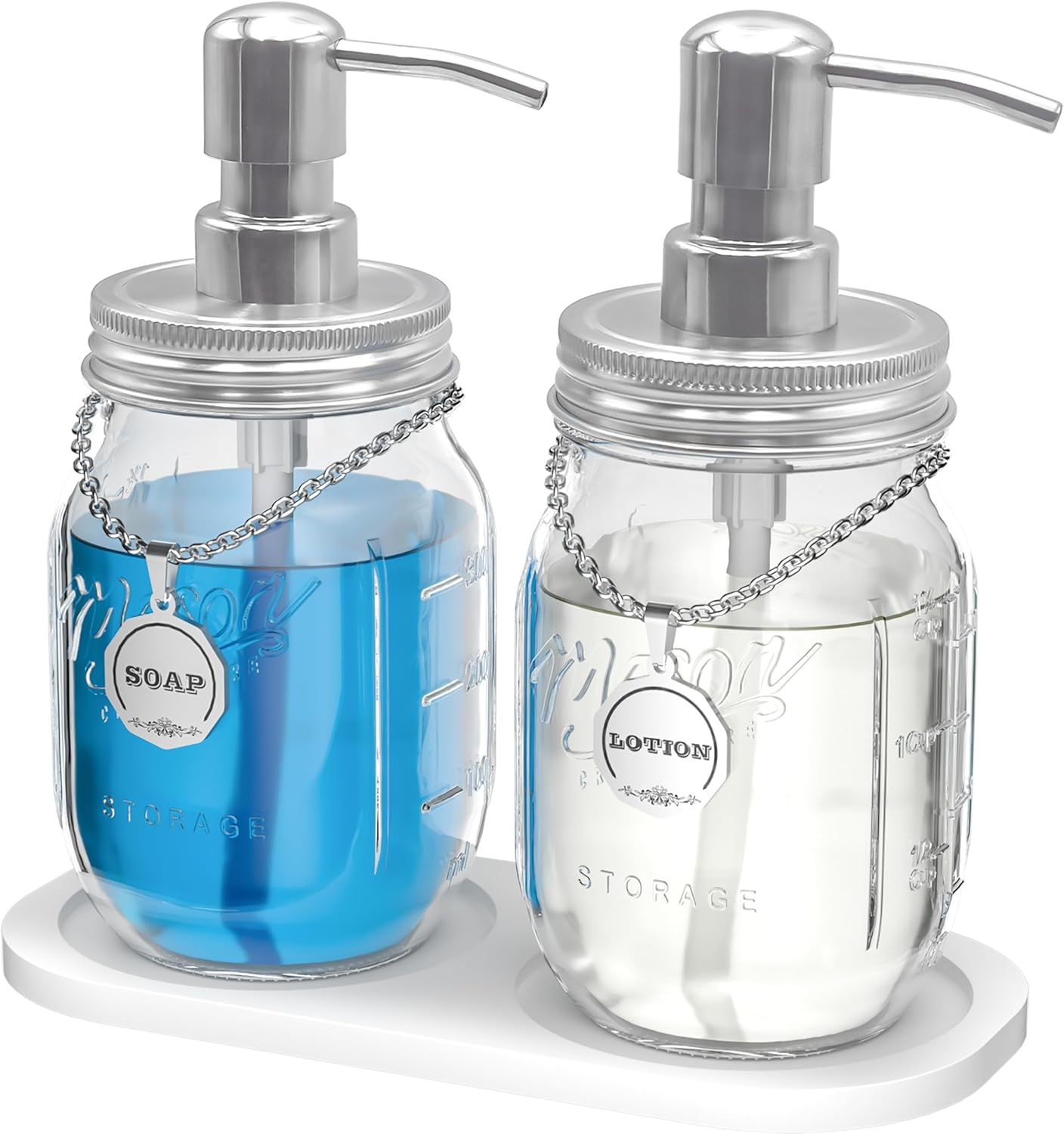Mason Jar Soap Dispenser Set with 16 Ounce Mason Jar， Non-Slip Coaster, Made from Rust Proof Stainless Steel, Soap Labels (Silver+Metal Tags)