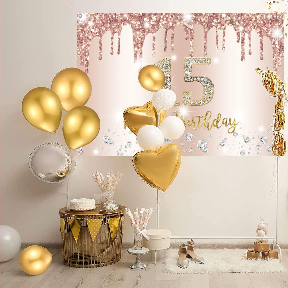 Happy 15Th Birthday Decorations Birthday Backdrop Banner for Girls Happy 15 Years Old Party Fabric Sign Poster Girl Birthday Rosegold Photography Background 15Th Birthday Party Supplies, 59"X35.4" image number 3