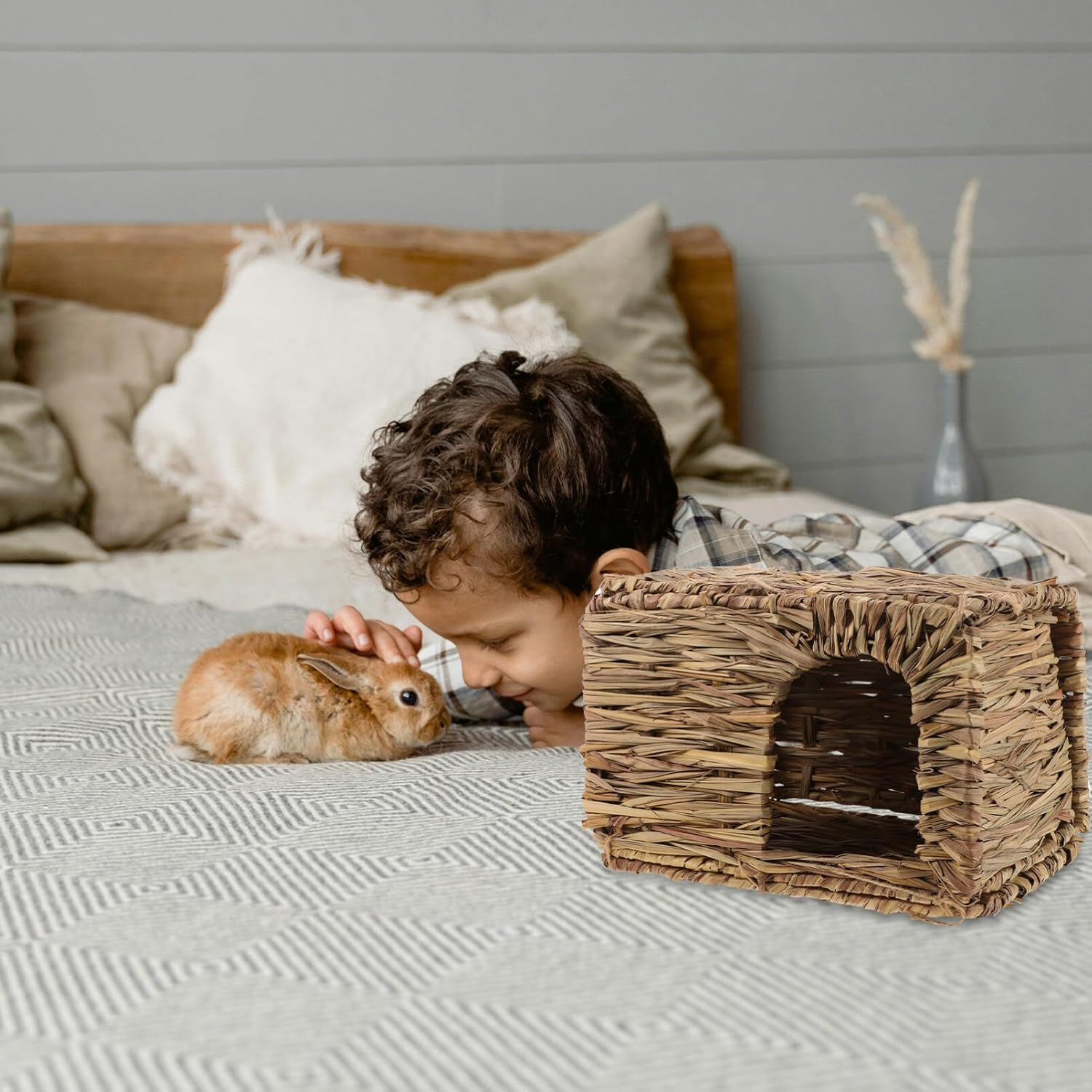 Milisten Grass Bunny House, Woven Animal Hut Rabbit Nest Bunny Straw Woven House Rabbit Bed for Rabbits Hamster image number 2
