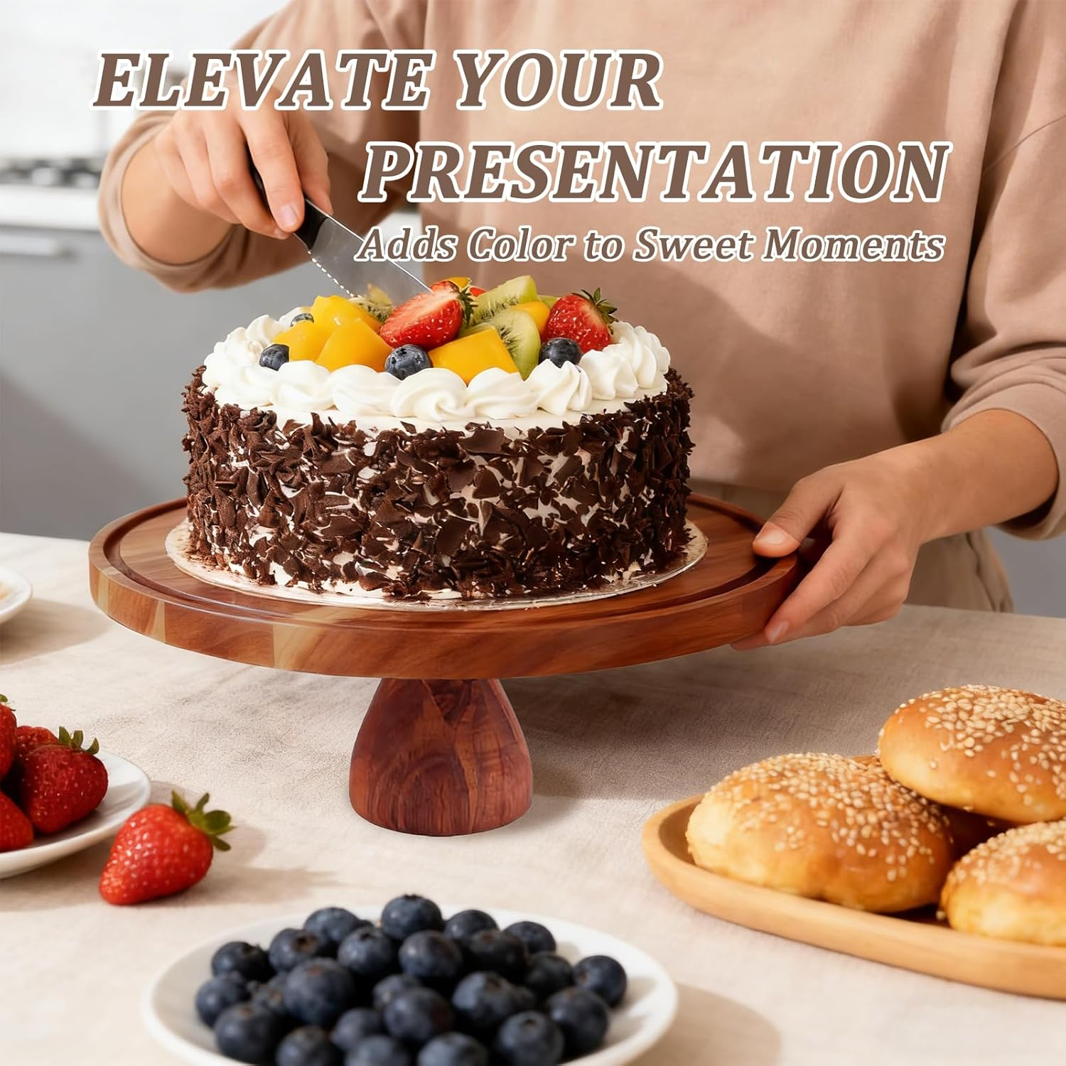 Cake Stand with Dome Lid, Acacia Wood Cake Plate with Footed, 2 in 1 Wooden Cake Display Stand for Wedding, Kitchen, Birthday, Parties, Baking image number 1