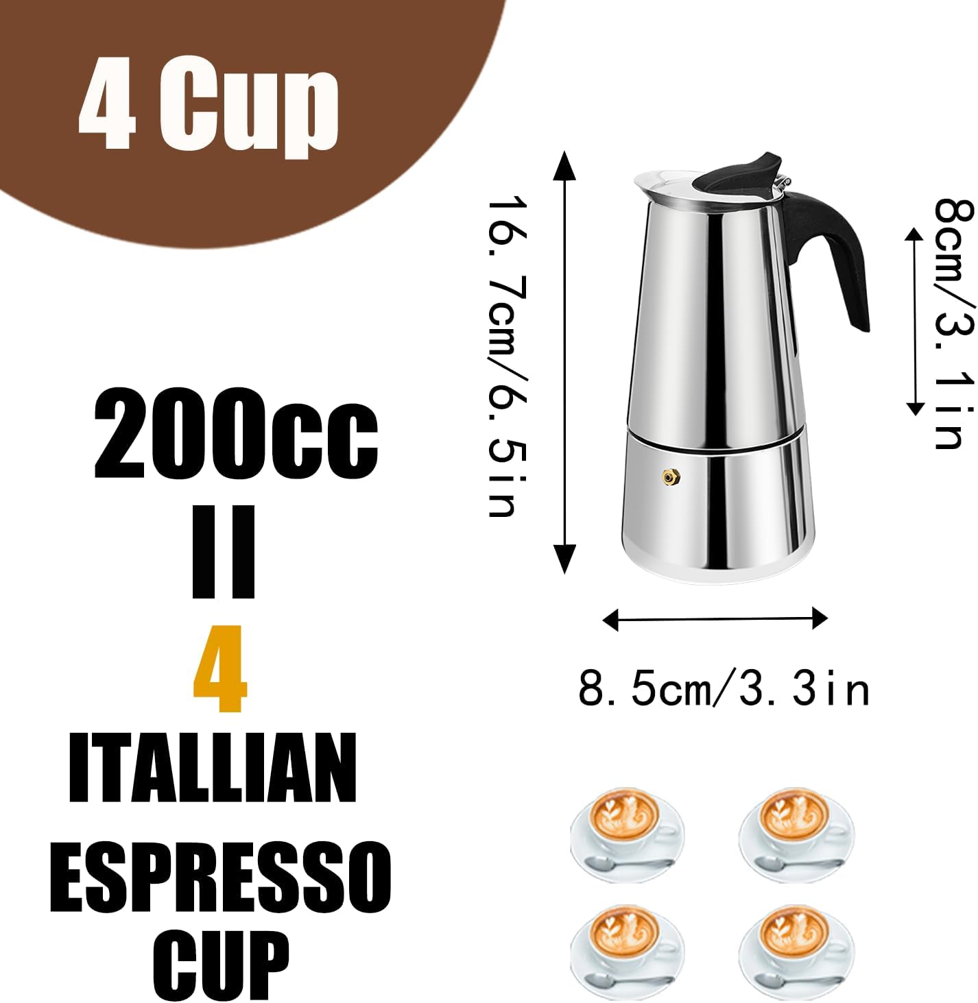 4 Cup Stovetop Espresso Maker Stainless Steel Moka Pot Espresso Maker Percolator Italian Coffee Maker Capable Mocha Coffee Machine Cafe Classic Maker for Home & Camping 200Ml 6.6Oz