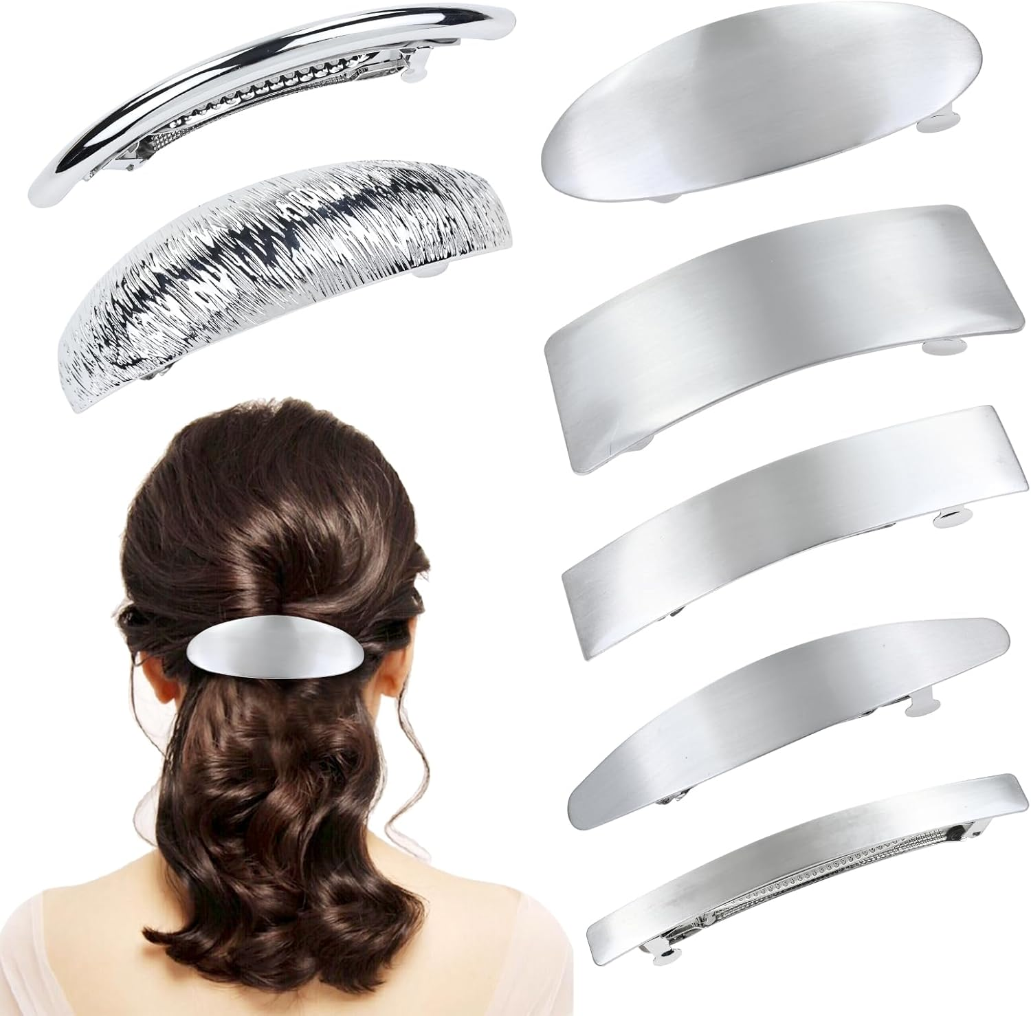 Cinaci Pack of 7 Simple Rectangular Oval Silver Automatic Spring French Metal Hair Clips Hair Clips Grips Accessories for Women Girls image number 2