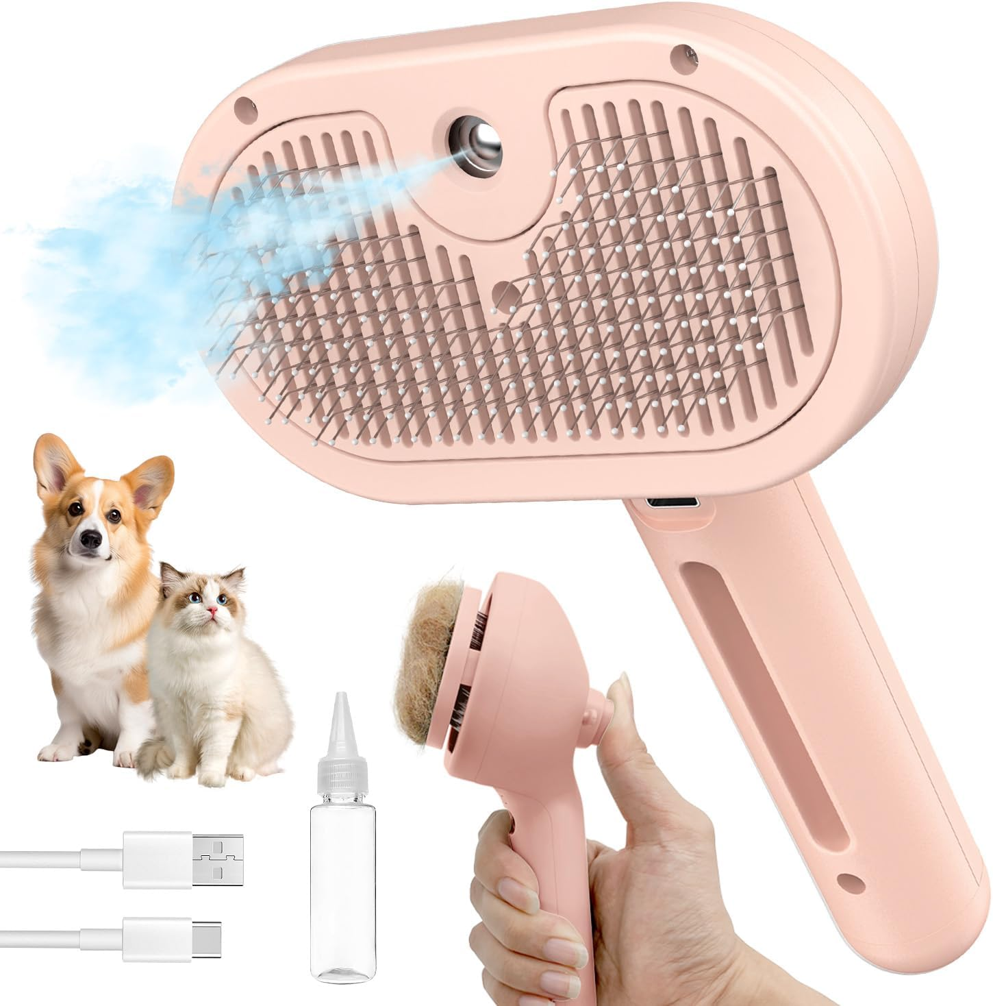 Herokitty Cat Steam Brush for Shedding, 3 in 1 Self Cleaning Steamy Pet Brush Anti-Static Flying Hair Spray Cat Brush for Long and Short Hair Pets Grooming Remove Loose Hair Reduce Shedding, Pink