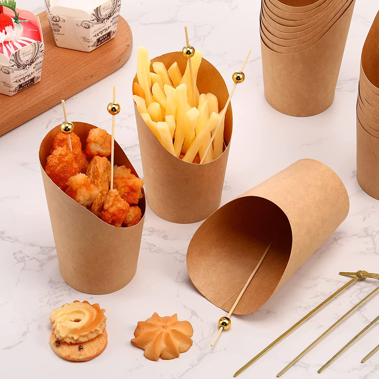 500 Pcs Disposable Charcuterie Cups with Cocktail Picks Set, 100 Pcs 12 Oz Kraft Brown Appetizer Cups French Fry Holder Popcorn Ice Cream Paper Cones for Food Containers with 400 Pcs Bamboo Skewers image number 3