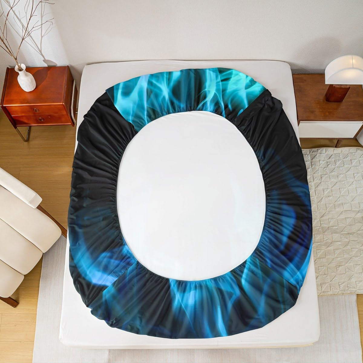 Blue Flame Bed Linen Set M Size, Cool Burning Flames Fitted Sheet Children Boys Men Teens Room Decor, Modern Fashion Comforter Cover Soft Black Deep Pocket Sheet, 1 Pillowcase