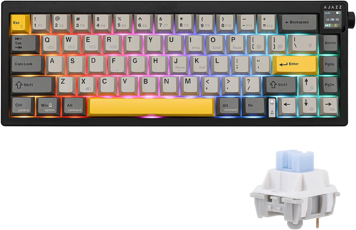 Mechlands AJAZZ AK650 65% Gasket Mechanical Keyboard, 3 Modes Wireless Gaming Keyboard with 0.85'' TFT Screen & Knob, Hot Swappable, 5000 Mah Battery, Flex-Cut Plate & PCB, RGB (Grey)