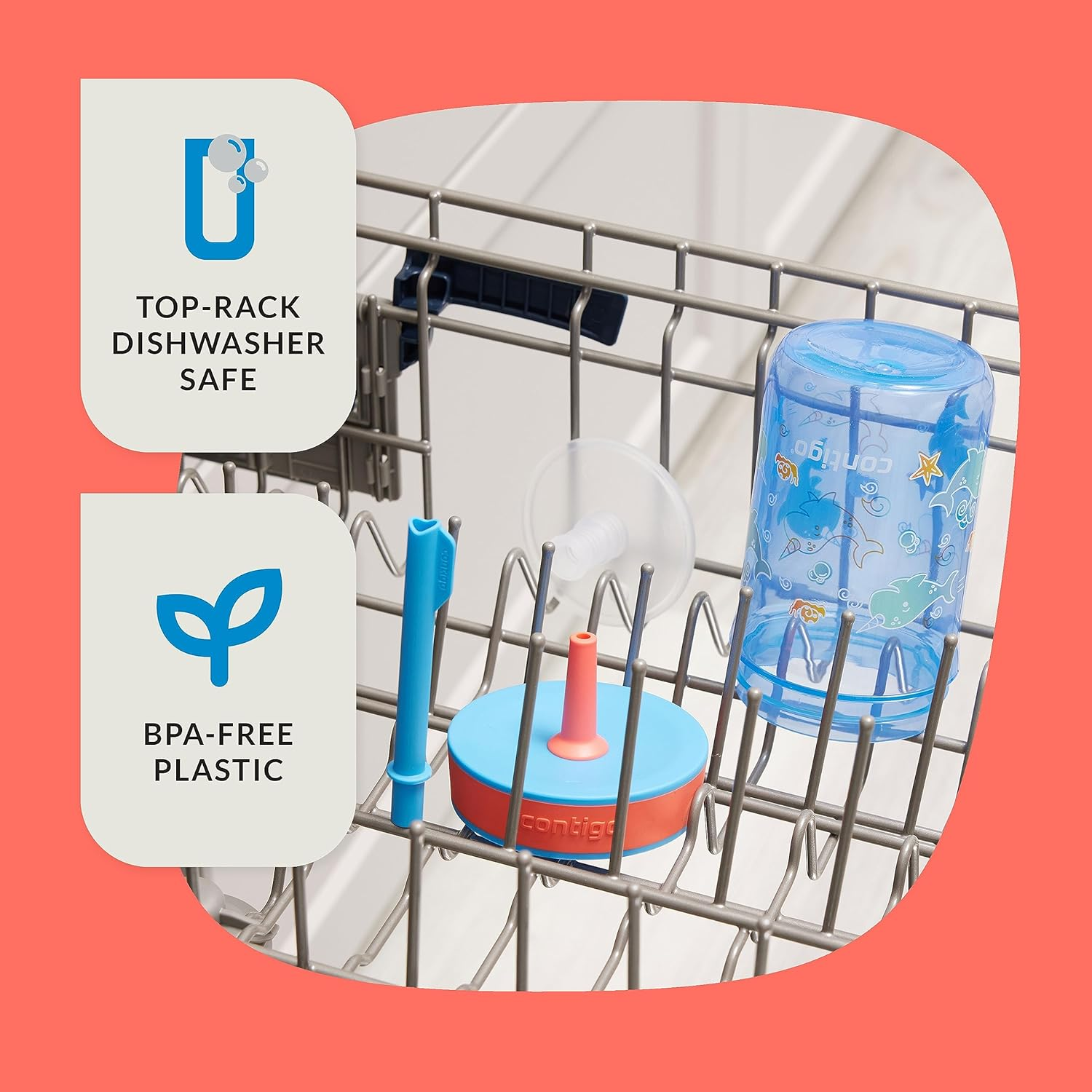 Contigo Leighton Kids Plastic Water Bottle, 14Oz Spill-Proof Tumbler with Straw for Kids, Dishwasher Safe, Blue Poppy/Narwhals image number 3