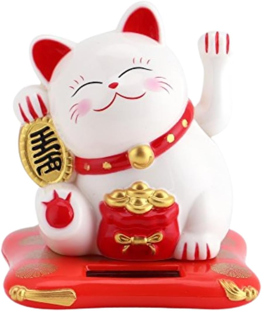 Bewinner Waving Lucky Cat, Solar Powered Cute Waving Cat Good Luck Wealth Welcoming Cats Home Display Car Decor Feng Shui Decoration (Yellow)