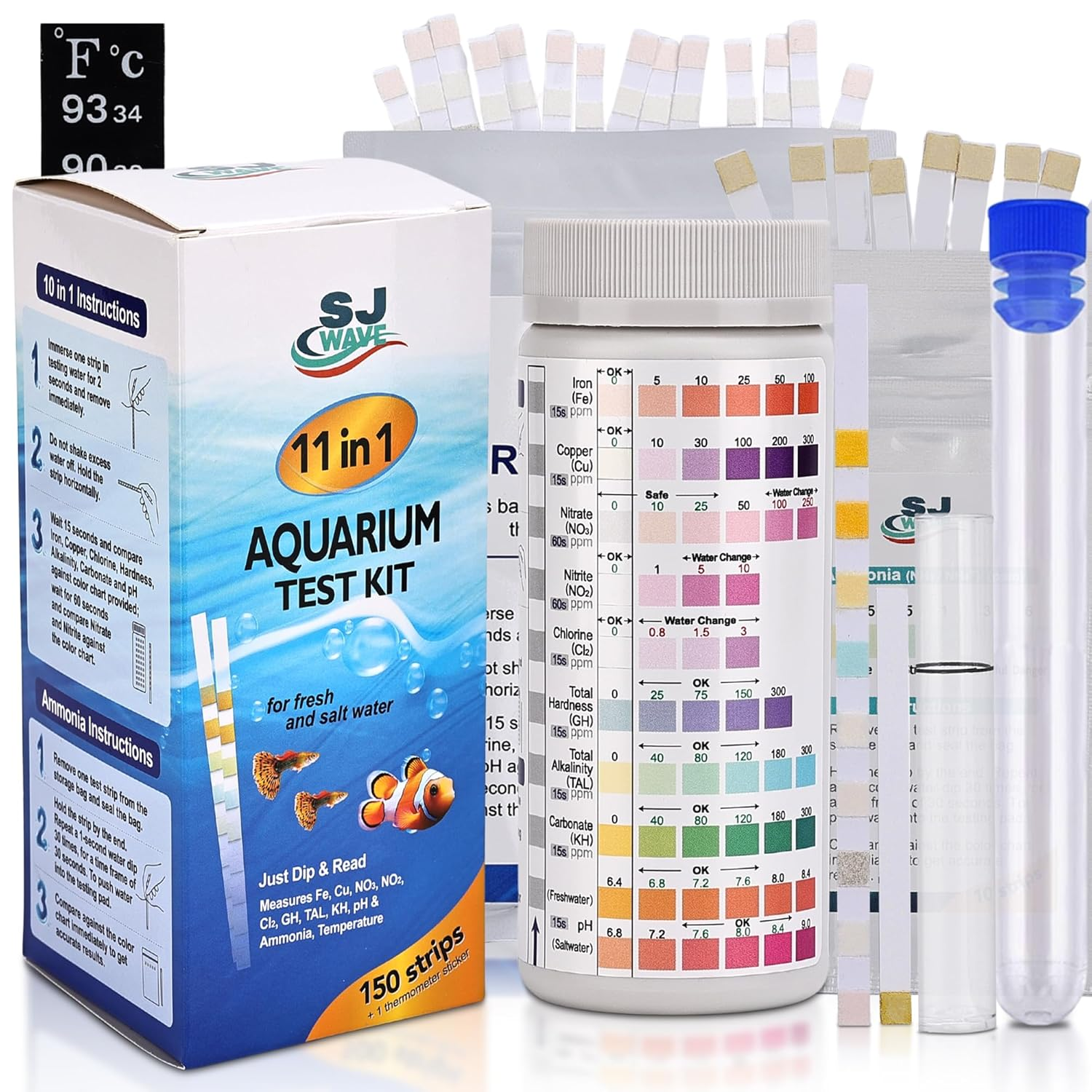 11 in 1 Aquarium Test Strips - Fish Tank Water Testing Kit with Ammonia Test Strips for Fish Tank (150 Strips) & Ebook | Includes 50 Ammonia Strips, Thermometer, & Test Kit for Ponds & All Fish Tanks image number 5