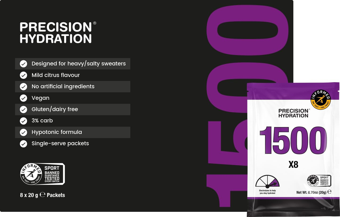 Precision Hydration Electrolyte Drink Mix - No Artificial Ingredients, Multi Strength Electrolyte Powders - Individual Waterproof Servings - Gluten/Dairy Free (1500Mg/L - Purple Packet, Pack of 8) image number 1