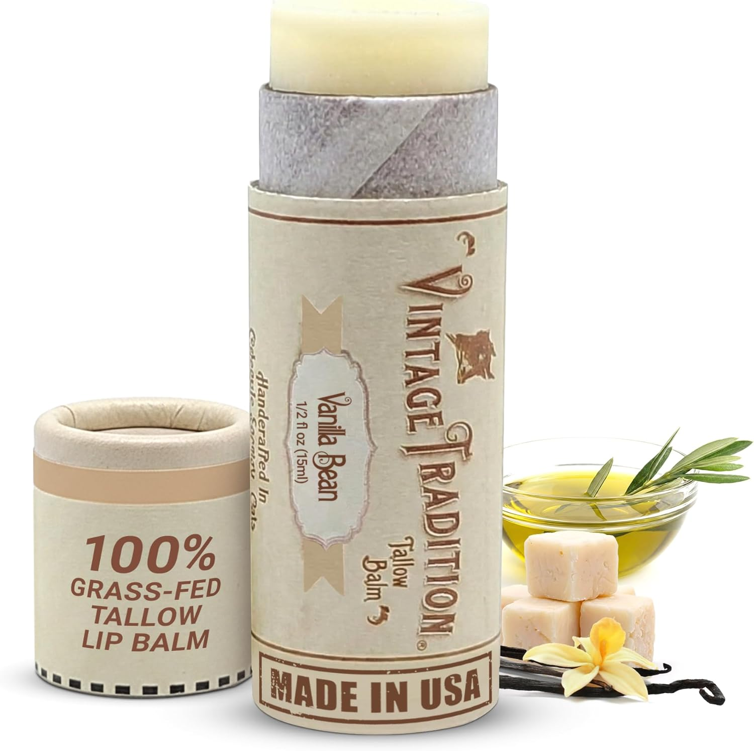 Moisturizing Beef Tallow Lip Balm &ndash; Tube Lip Moisturizer with Vanilla Extract Hydrates & Soothes Dry Lips &ndash; Grass-Fed Tallow Balm for Skin Care by Vintage Tradition, 0.5 Fl. Oz. image number 1