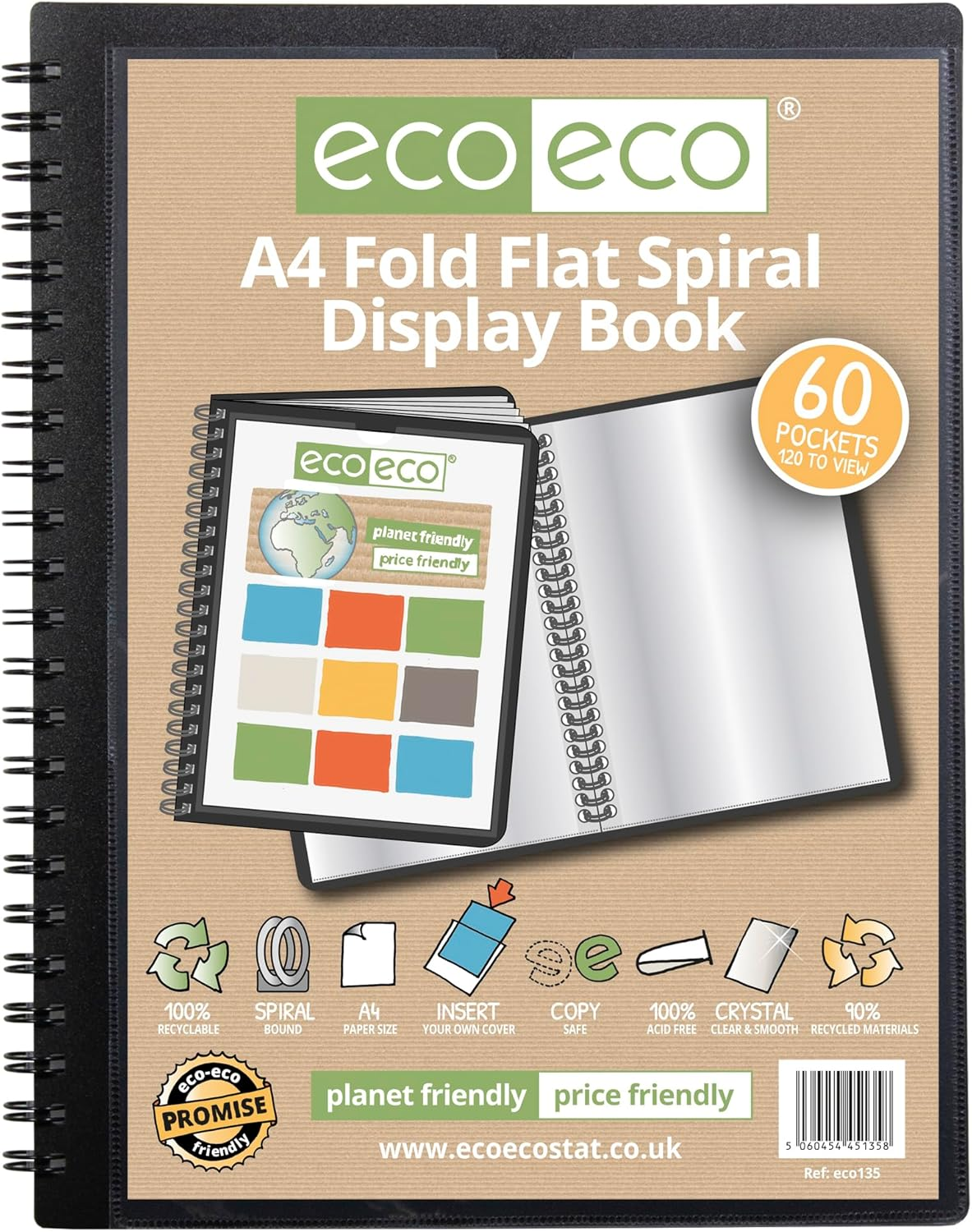 Eco-Eco A4 50% Recycled 60 Pocket Fold Flat Spiral Bound Display Book, Pack of 2, Eco135X2 image number 3