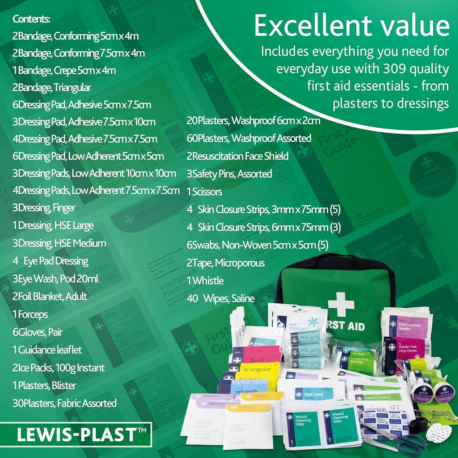 Lewis-Plast First Aid Kit Bag - 309 Piece Survival Kits - Safety Essentials for Travel Car Home Camping Work Hiking Holiday - Pack Supplies - Extra Large image number 3