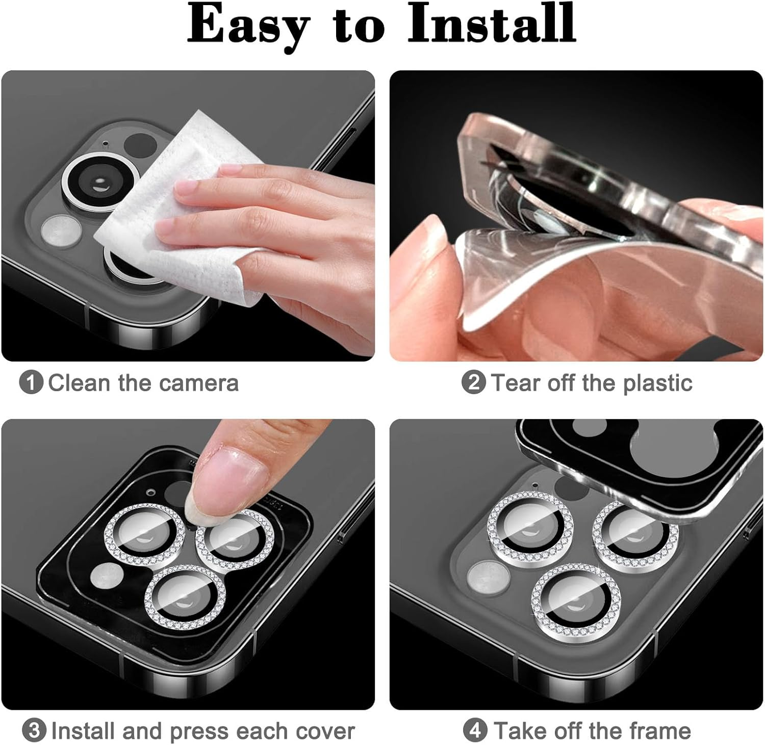 Kucheed Bling Camera Lens Protector for Iphone 14 Pro/Iphone 14 Pro Max, Glitter 9H Tempered Glass Camera Cover Film Stickers, Automatic Alignment Individual Metal Rings Phone Accessories image number 6