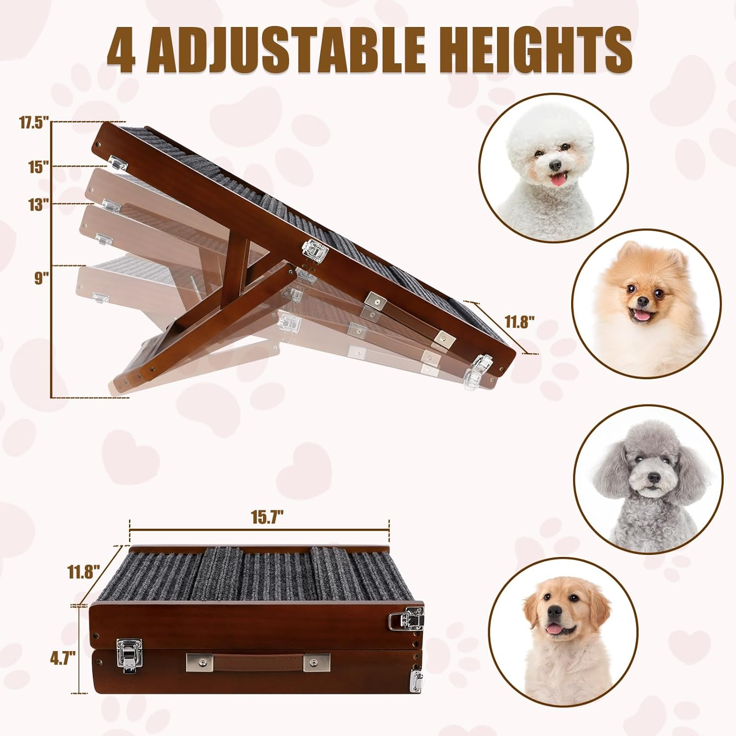 Brown Wooden Framed Folding Portable Pet Ramp. 4 Levels Adjustable 9" to 17.3" with Non-Slip 5 Paw Traction Mat for Small Medium Doggie. Dog Ramps-80Penbn,Uk image number 5