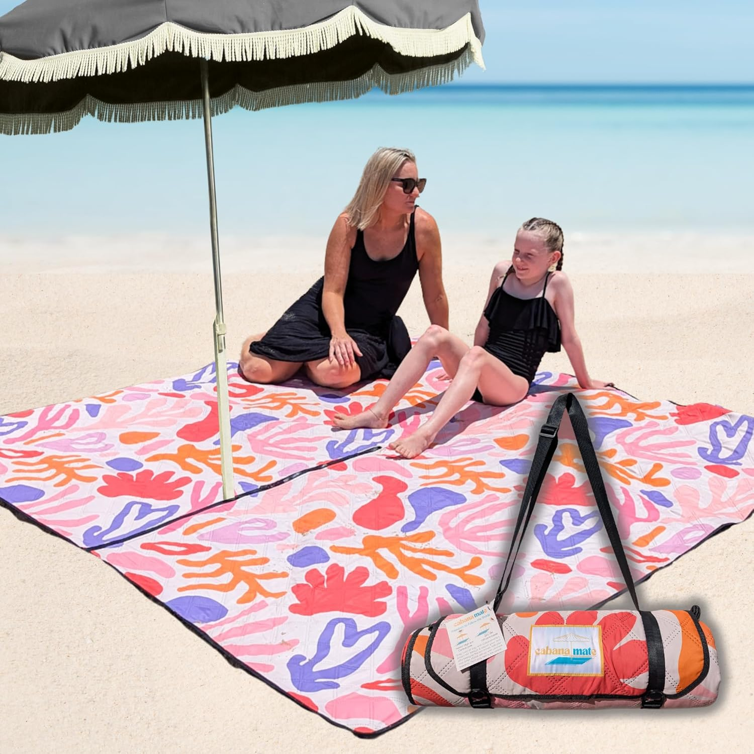 2M * 2M Cabanamate Picnic Rug &ndash; Adjustable Zip-Slit Design for Cabana or Umbrella, Sand-Resistant Beach Mat, Water-Resistant, Lightweight & Eco-Friendly (Blue Coral)