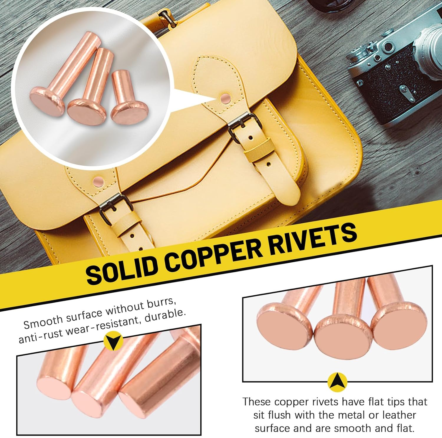 Mardatt 270Pcs Flat Head Copper Solid Rivets Kit, M2 M2.5 M3 Solid Copper Rivets Fasteners, Flat Head Rivets Solid Copper Rivets for Electrical Applications, Leather Working Supplies image number 6