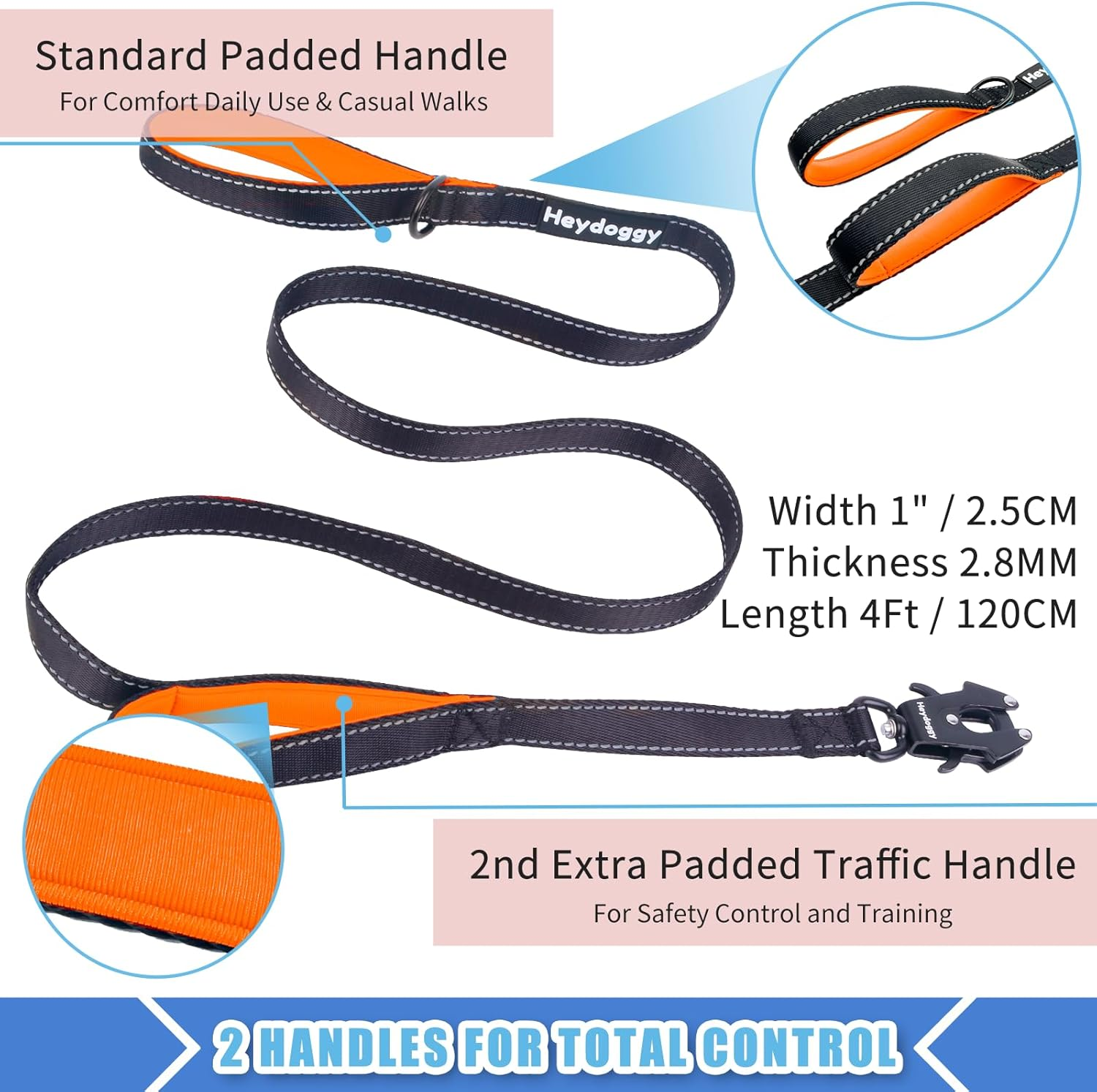 Strong Heavy Duty Dog Leash - 4Ft Reflective Nylon Training Leash with Soft Padded Double Handle & Auto Lock Frog Clip - Safety Traffic Control for Large Medium Small Dog No Pull Walk Black Orange,4Ft image number 2