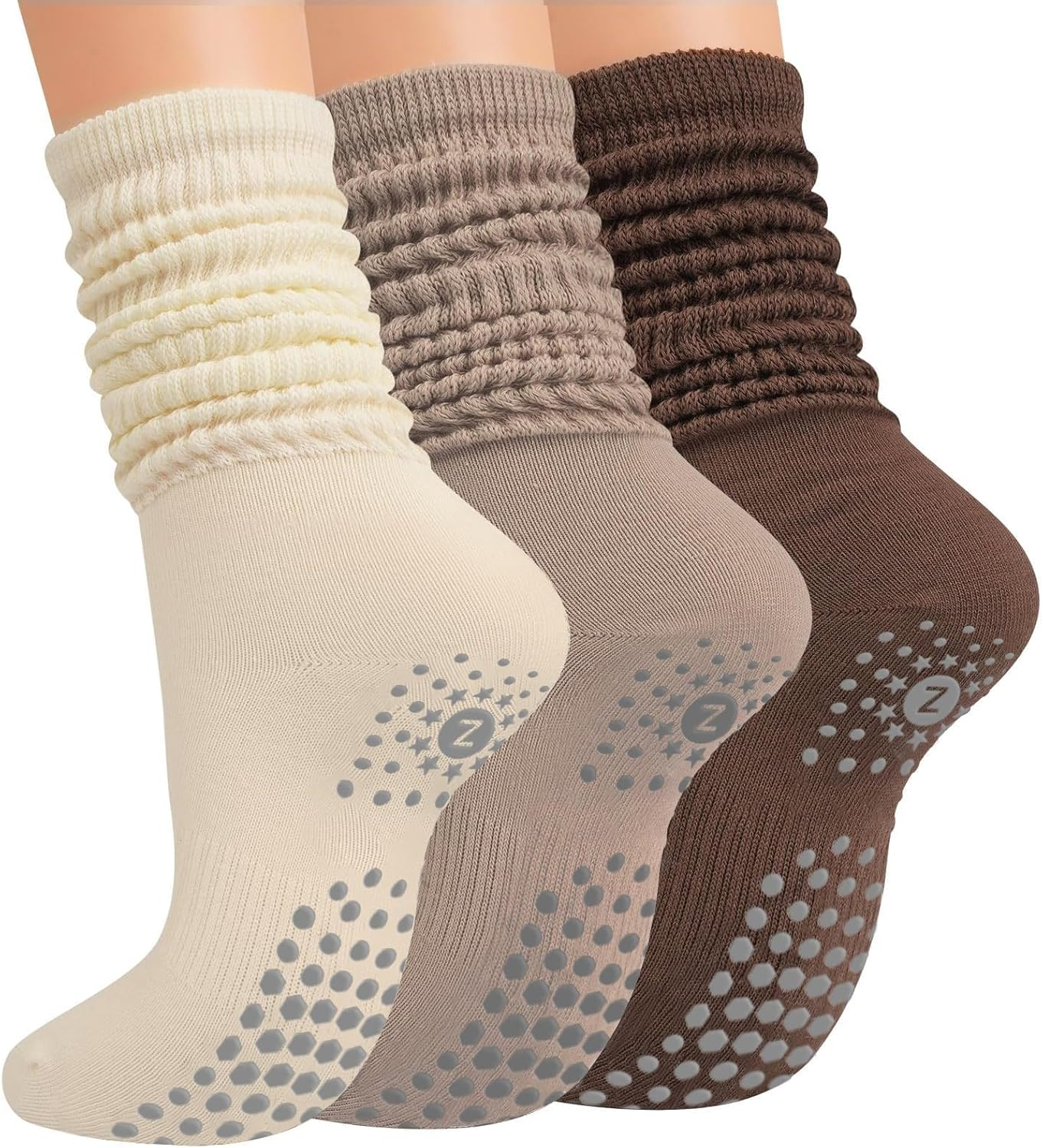 ZANZER (3 Pairs) Scrunch Pilates Grip Socks for Women, Yoga Slouch Socks with Grip for Barre Workout Hospital Dance Gym Exercise,Long Scrunch Slipper Socks