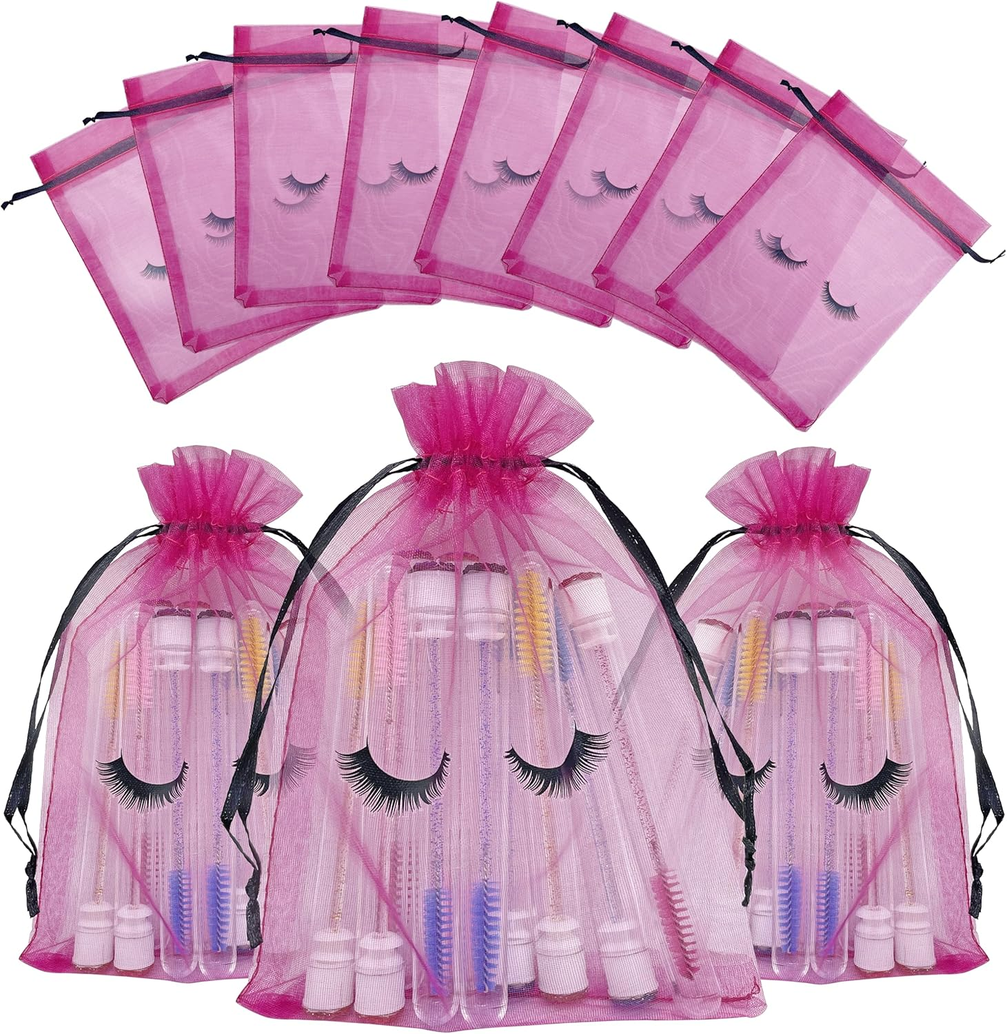 Jexila 100 Pack Pink Lash Bags for Clients Eyelash Aftercare Lash Extension Kit Bags Pink Mesh Makeup Bag with Drawstring Cosmetic Organza Gift Bag for Small Business Supplies