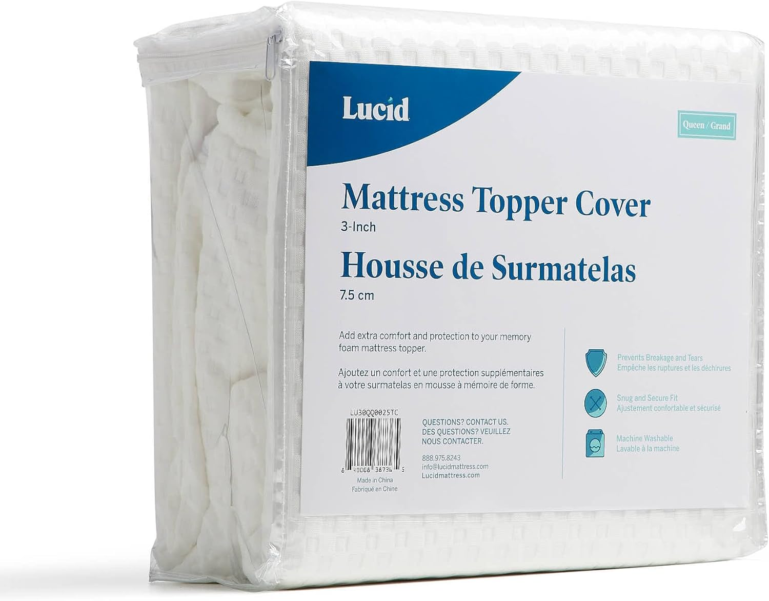 Lucid 2 Inch Mattress Topper Cover - Breathable, Washable, Non-Slip, Zippered - Twin XL, White